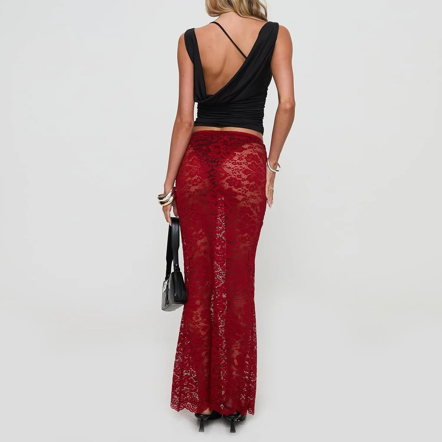 Women Lace Maxi Skirts Sexy Sheer Mesh Bodycon Long Skirts High Waist Summer Cover Up Beach Skirts