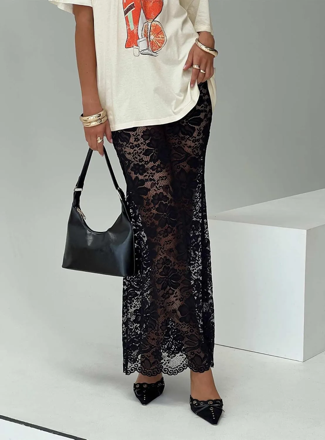 Women Lace Maxi Skirts Sexy Sheer Mesh Bodycon Long Skirts High Waist Summer Cover Up Beach Skirts