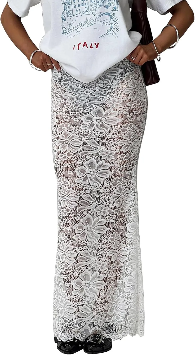 Women Lace Maxi Skirts Sexy Sheer Mesh Bodycon Long Skirts High Waist Summer Cover Up Beach Skirts