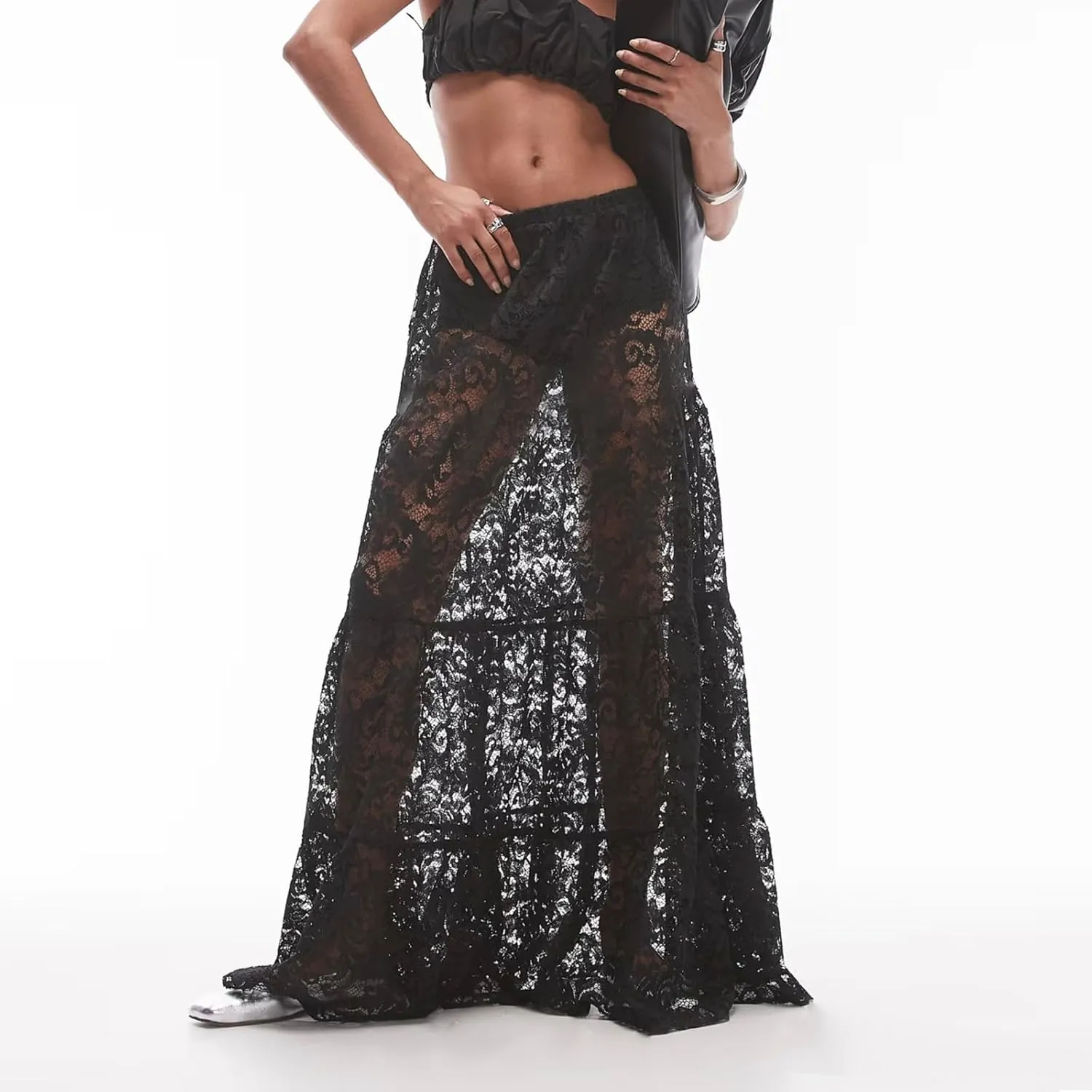 Women Lace Maxi Skirts Sexy Sheer Mesh Bodycon Long Skirts High Waist Summer Cover Up Beach Skirts
