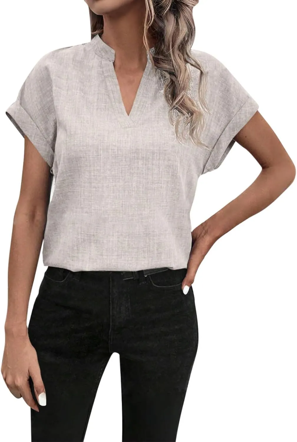 Women Linen Shirts Short Sleeve V Neck Linen Tops Summer Fashion Clothes Women Cropped Petite Causal Business Blouse