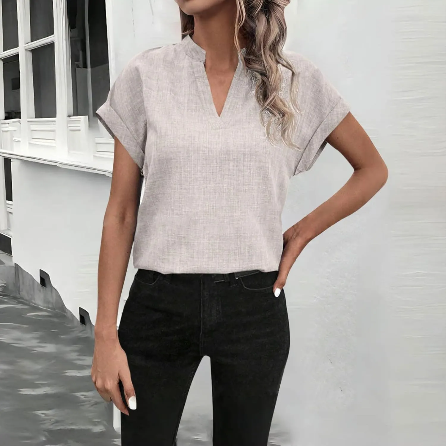 Women Linen Shirts Short Sleeve V Neck Linen Tops Summer Fashion Clothes Women Cropped Petite Causal Business Blouse