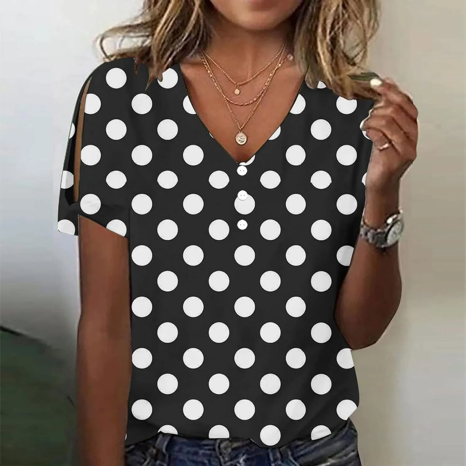 Women Polka Dot Tshirt Shirts Summer Fashion V-Neck Short Sleeve Tee Top Loose Trendy Button Decor Petite Tops Shirt