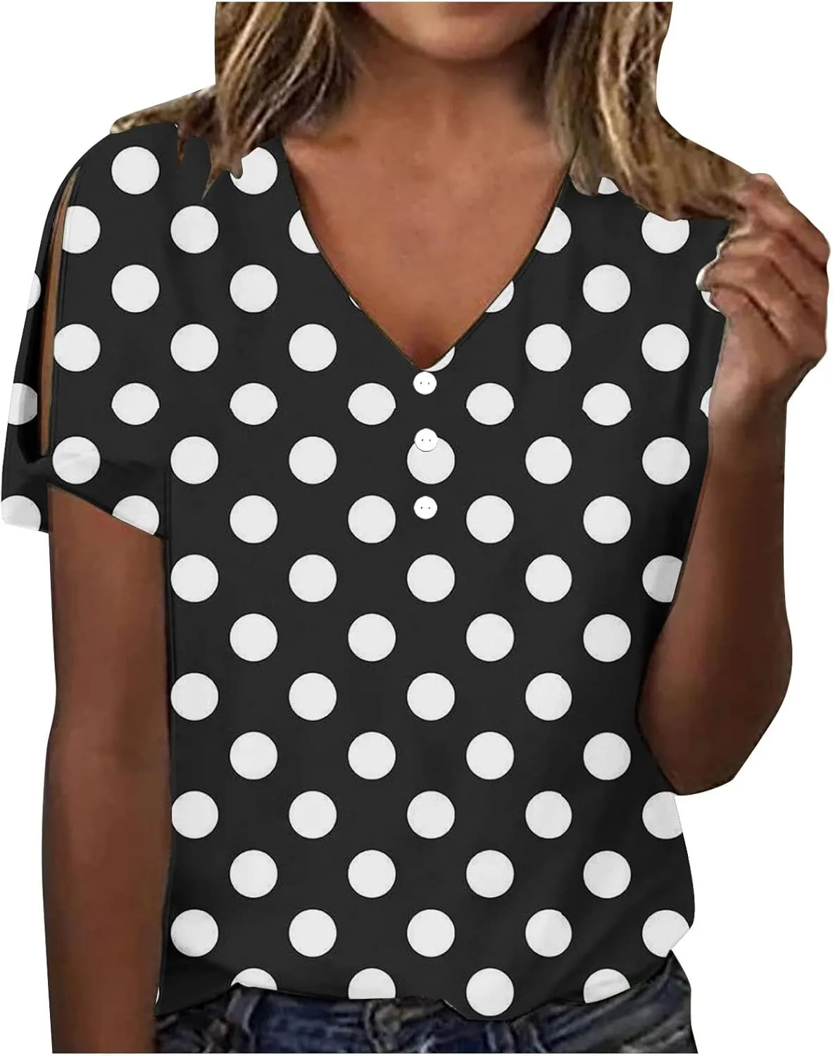 Women Polka Dot Tshirt Shirts Summer Fashion V-Neck Short Sleeve Tee Top Loose Trendy Button Decor Petite Tops Shirt