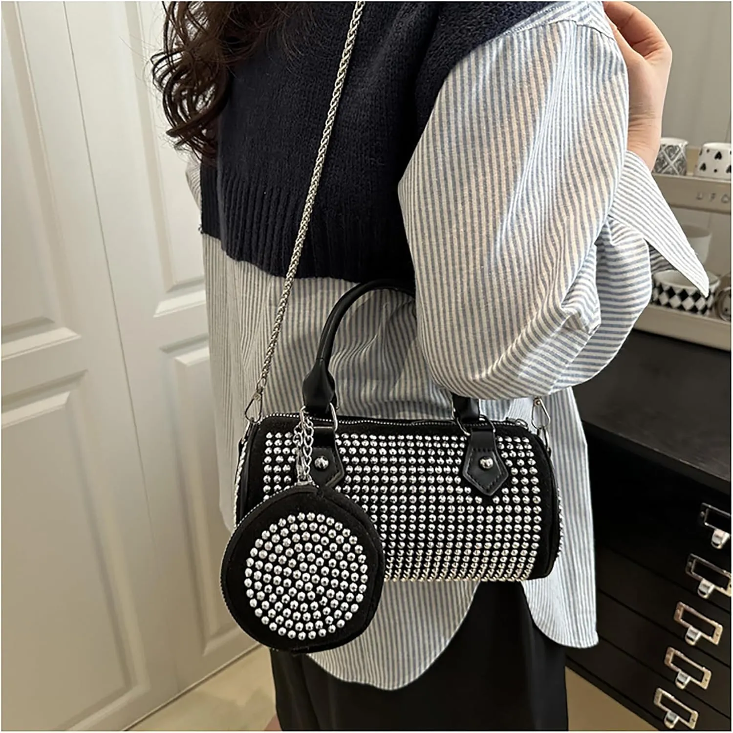 Women Rhinestone Evening Clutch Purse Sparkling Silver Shoulder Bag Leather Handbag Chain Strap Crossbody Bag