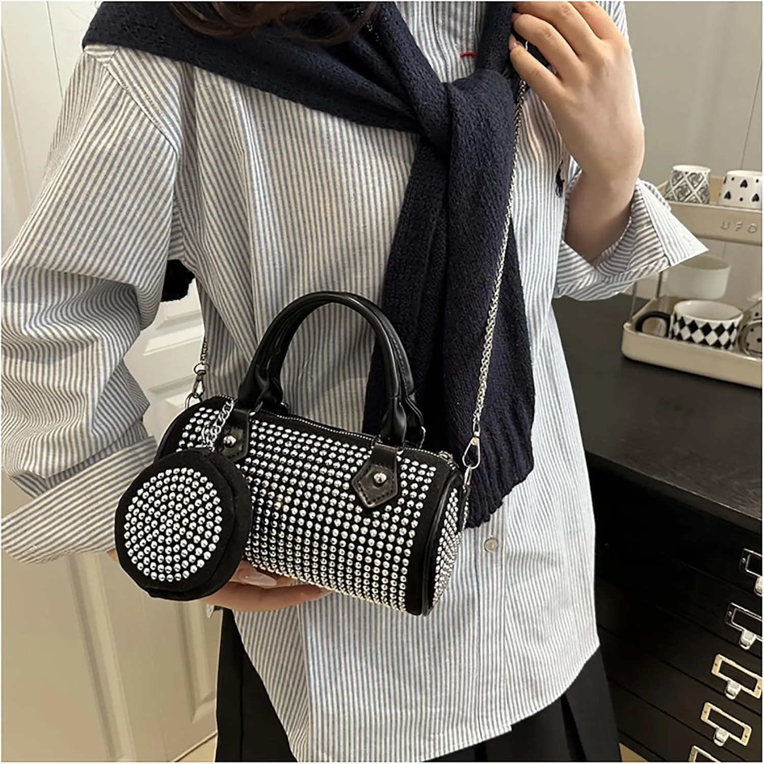 Women Rhinestone Evening Clutch Purse Sparkling Silver Shoulder Bag Leather Handbag Chain Strap Crossbody Bag