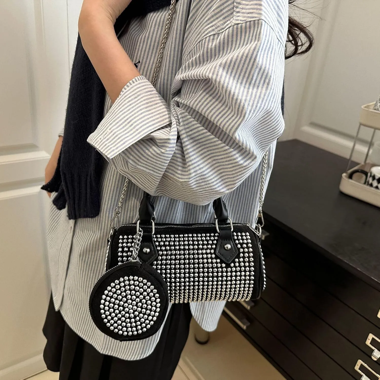 Women Rhinestone Evening Clutch Purse Sparkling Silver Shoulder Bag Leather Handbag Chain Strap Crossbody Bag