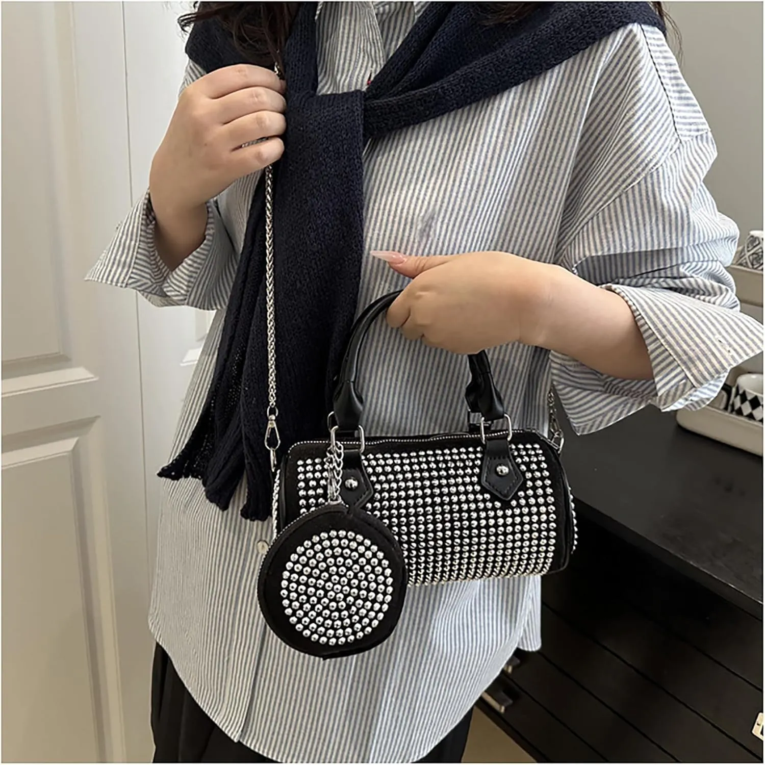 Women Rhinestone Evening Clutch Purse Sparkling Silver Shoulder Bag Leather Handbag Chain Strap Crossbody Bag