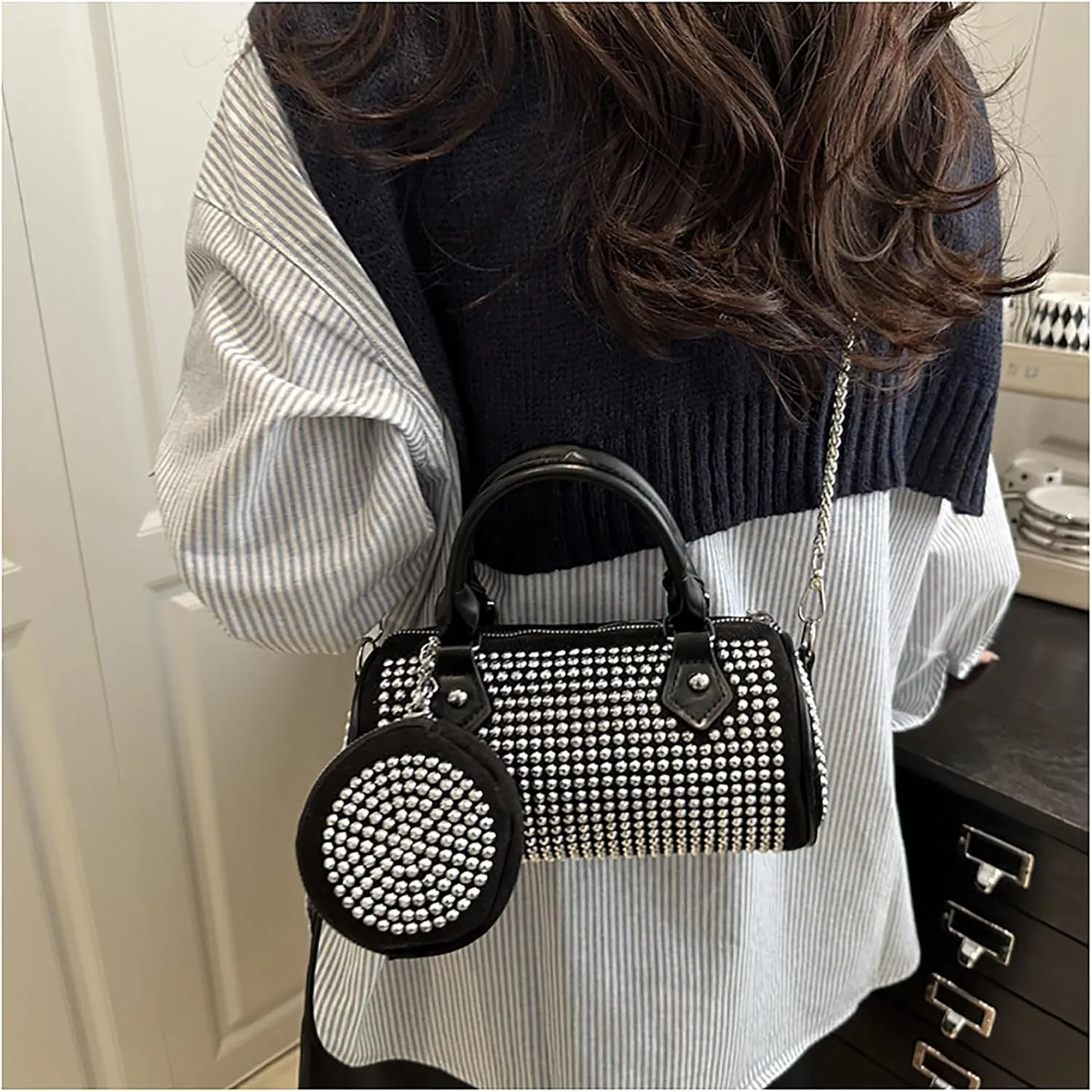Women Rhinestone Evening Clutch Purse Sparkling Silver Shoulder Bag Leather Handbag Chain Strap Crossbody Bag