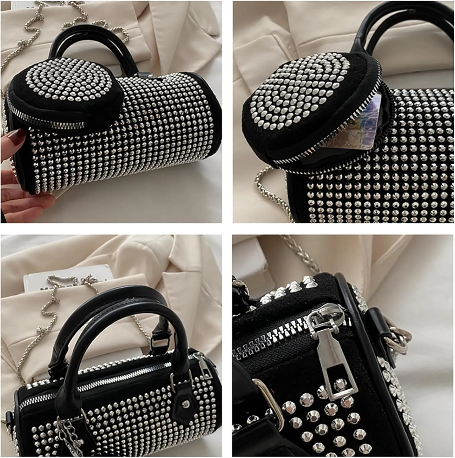 Women Rhinestone Evening Clutch Purse Sparkling Silver Shoulder Bag Leather Handbag Chain Strap Crossbody Bag