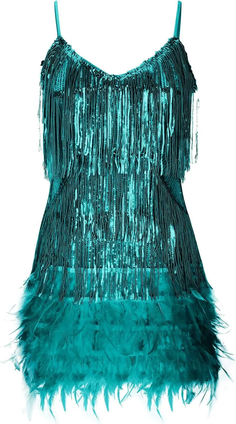 Women Sequin Fringe Dress Sparkly Spaghetti Strap Glitter Backless Mini Dress Disco Sexy V Neck Club Party Bodycon