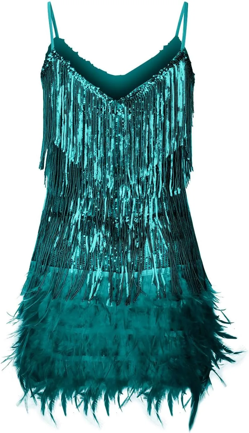 Women Sequin Fringe Dress Sparkly Spaghetti Strap Glitter Backless Mini Dress Disco Sexy V Neck Club Party Bodycon