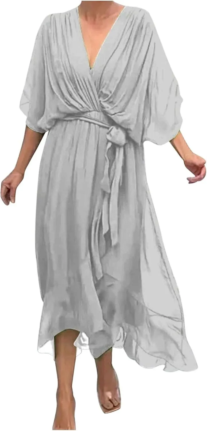 Women Summer Bohemian Casual Wrap V Neck Ruffle Cap Short Sleeve Belt A Line Pleated Hem Midi Sun Dress Midi