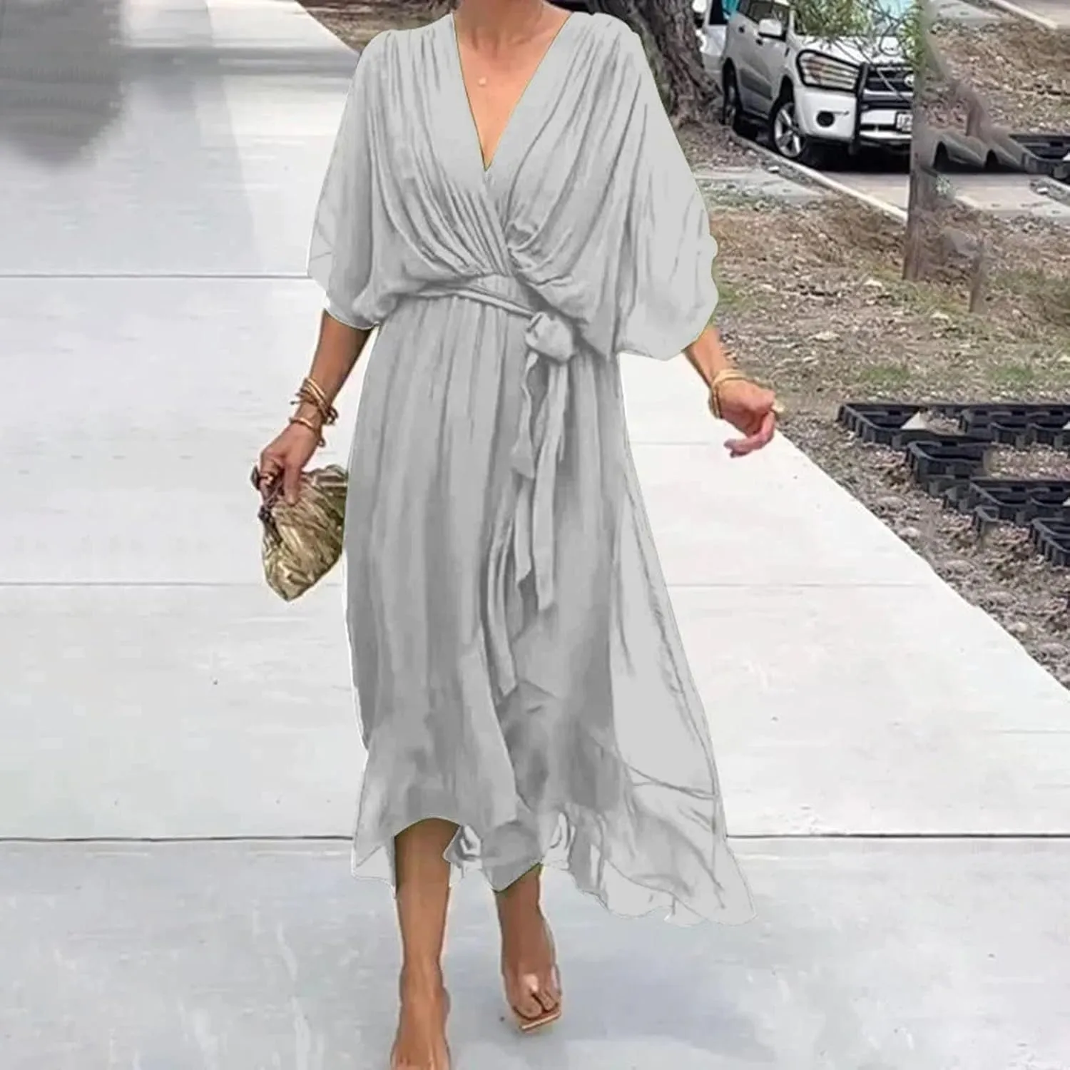 Women Summer Bohemian Casual Wrap V Neck Ruffle Cap Short Sleeve Belt A Line Pleated Hem Midi Sun Dress Midi