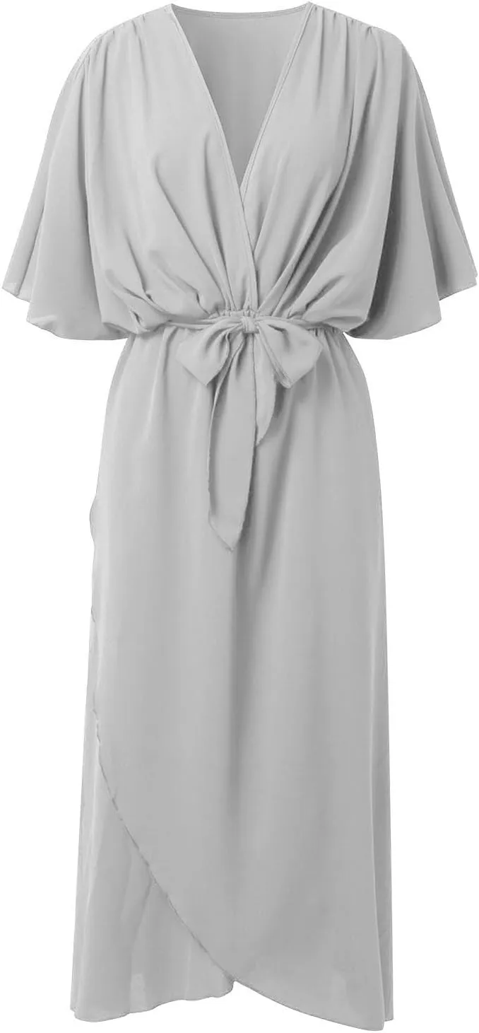 Women Summer Bohemian Casual Wrap V Neck Ruffle Cap Short Sleeve Belt A Line Pleated Hem Midi Sun Dress Midi