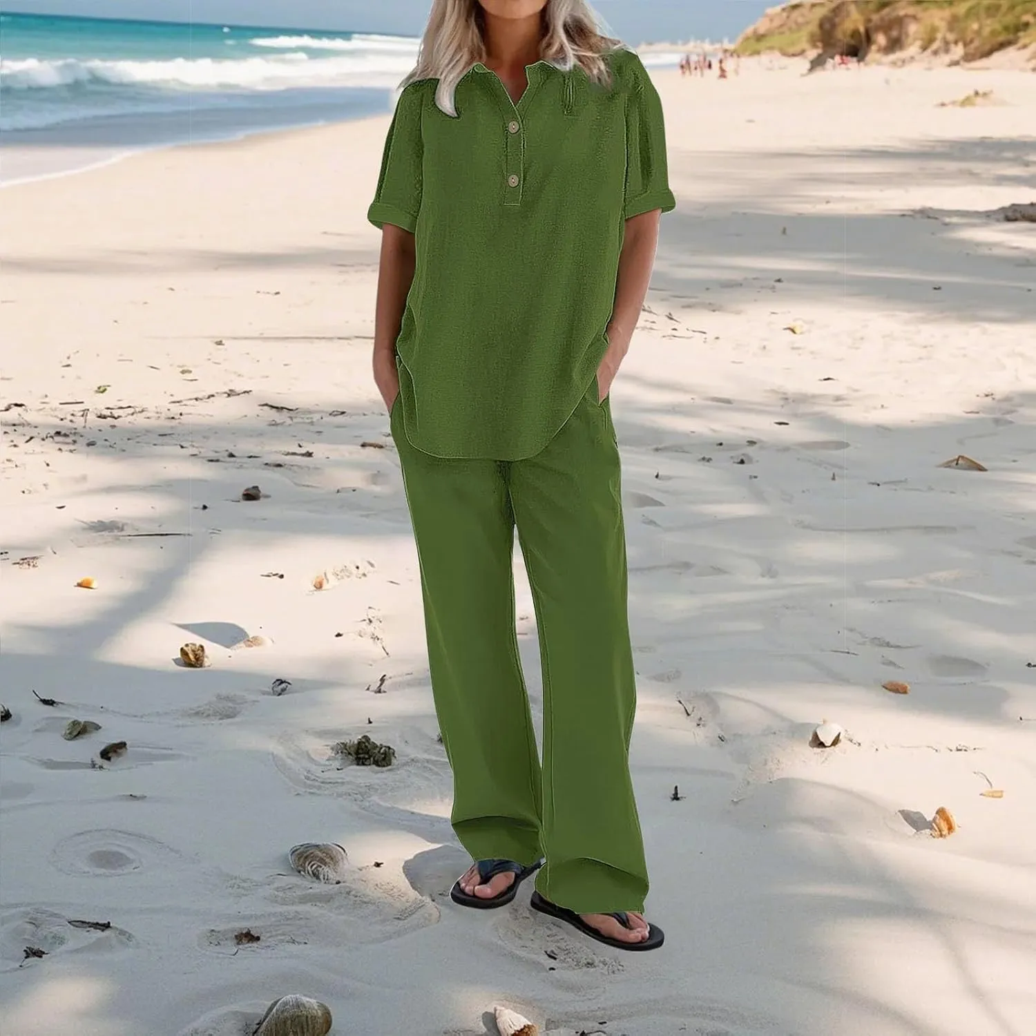 Women Summer Linen Sets Loose Fit Roll Up 3/4 Sleeve Button V Neck Gauze Tops & Solid Color Stretchy Long Pants