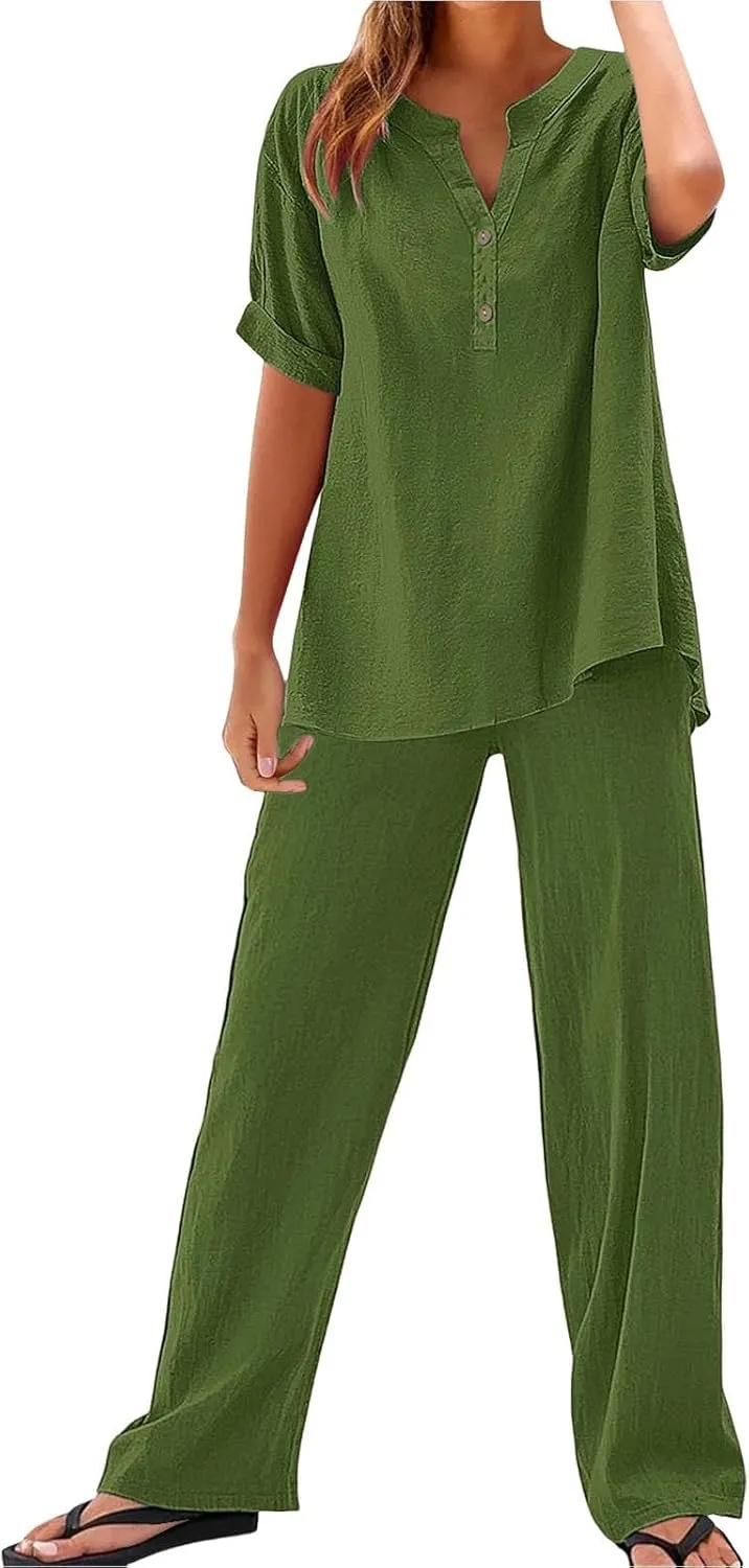 Women Summer Linen Sets Loose Fit Roll Up 3/4 Sleeve Button V Neck Gauze Tops & Solid Color Stretchy Long Pants