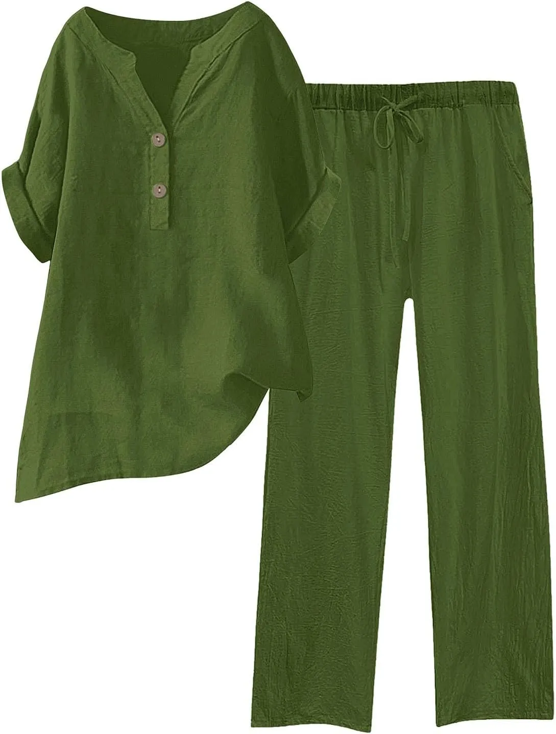Women Summer Linen Sets Loose Fit Roll Up 3/4 Sleeve Button V Neck Gauze Tops & Solid Color Stretchy Long Pants