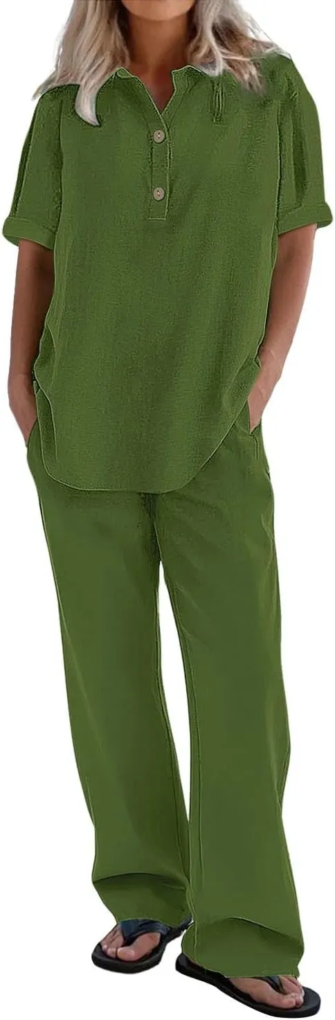 Women Summer Linen Sets Loose Fit Roll Up 3/4 Sleeve Button V Neck Gauze Tops & Solid Color Stretchy Long Pants