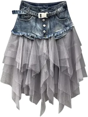 Women Summer Mini Tutu Tulle Skirt Gothic Punk High Waist Irregular Denim Skirts Mesh Patchwork Short Jeans