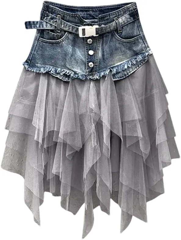 Women Summer Mini Tutu Tulle Skirt Gothic Punk High Waist Irregular Denim Skirts Mesh Patchwork Short Jeans