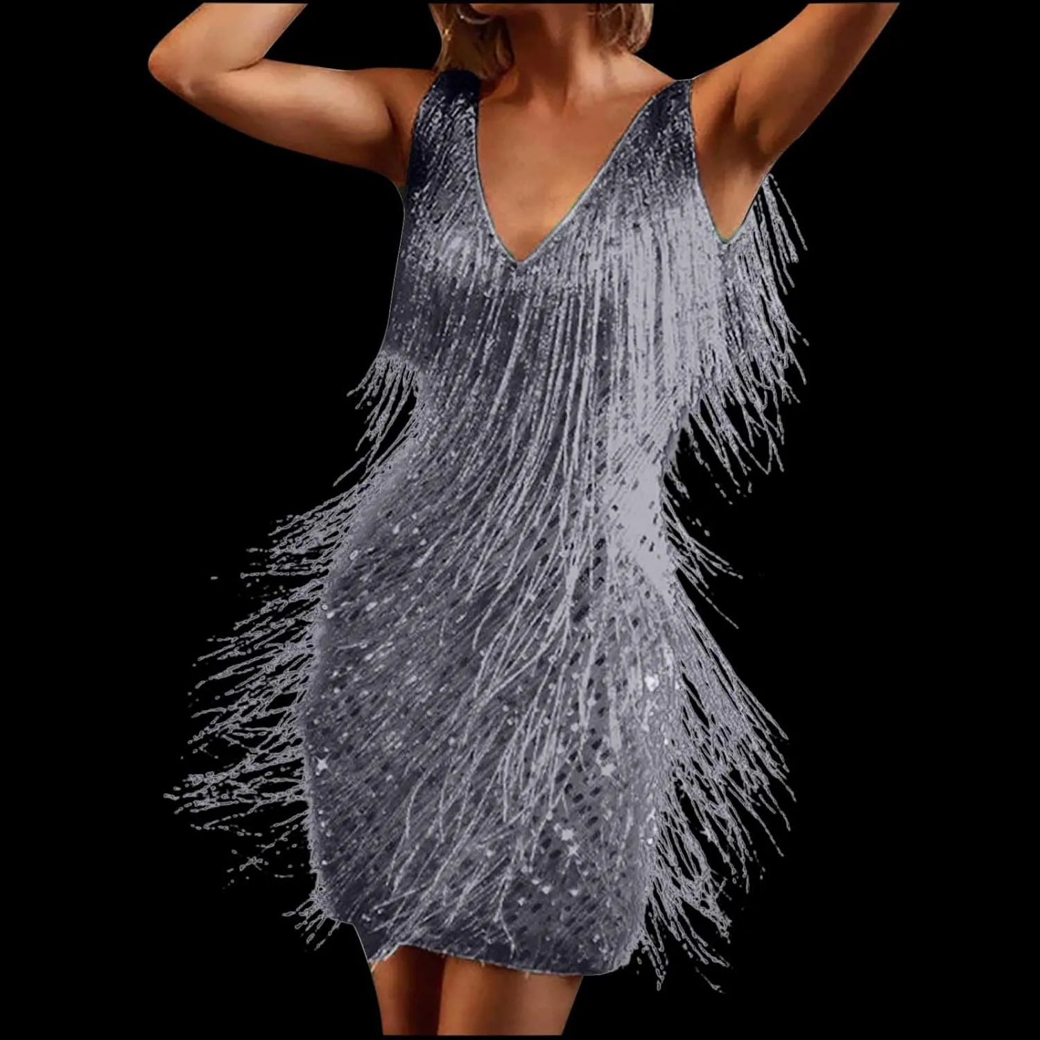 Women Tassel Sequin Dress V Neck Glitter Flapper Dresses Fringe 2025 Sparkly Club Evening Party Bodycon Plus Size