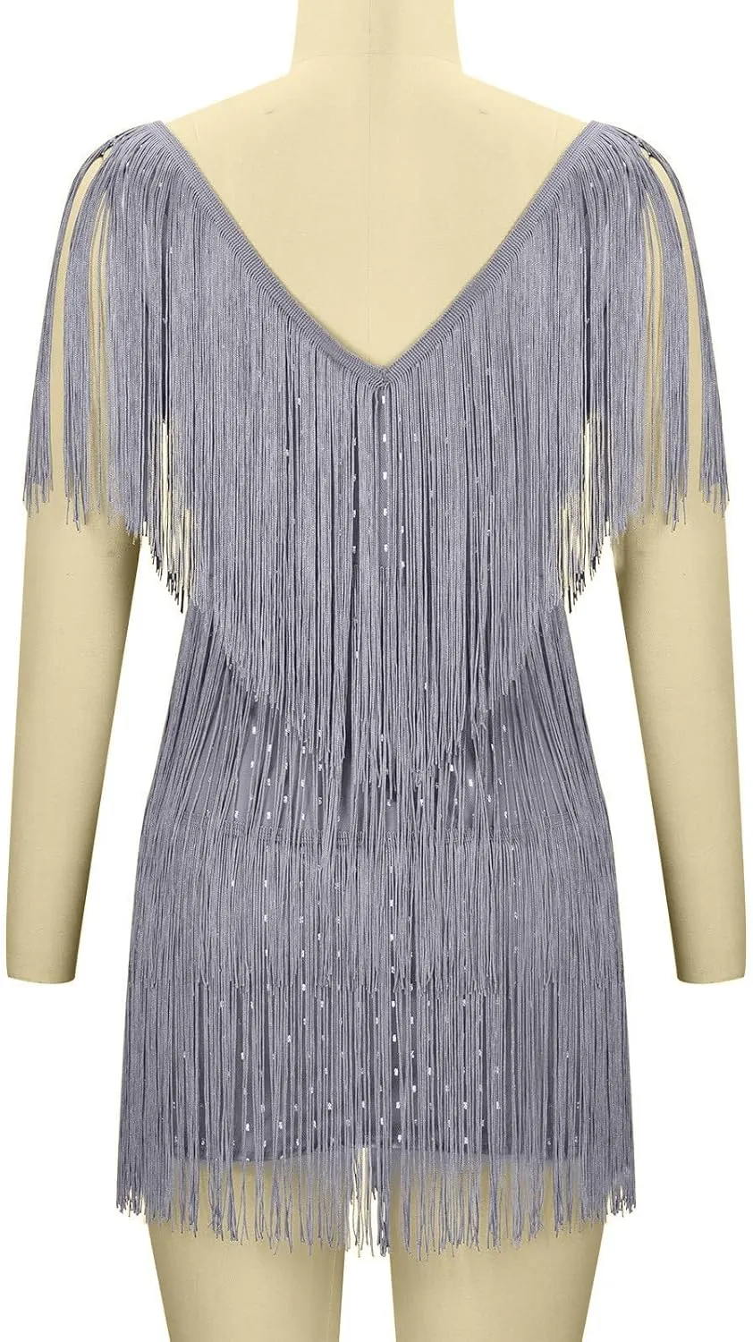 Women Tassel Sequin Dress V Neck Glitter Flapper Dresses Fringe 2025 Sparkly Club Evening Party Bodycon Plus Size
