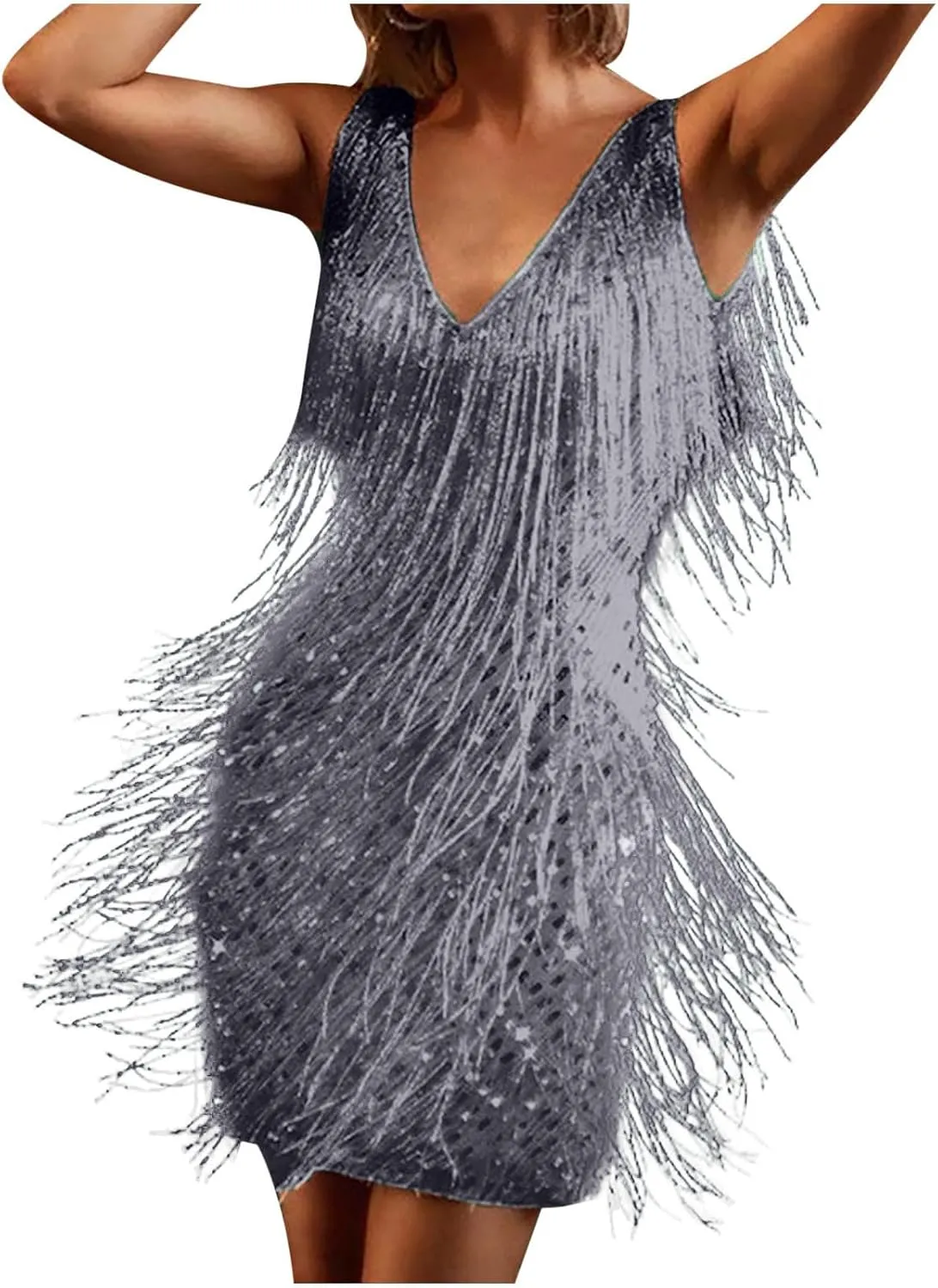 Women Tassel Sequin Dress V Neck Glitter Flapper Dresses Fringe 2025 Sparkly Club Evening Party Bodycon Plus Size