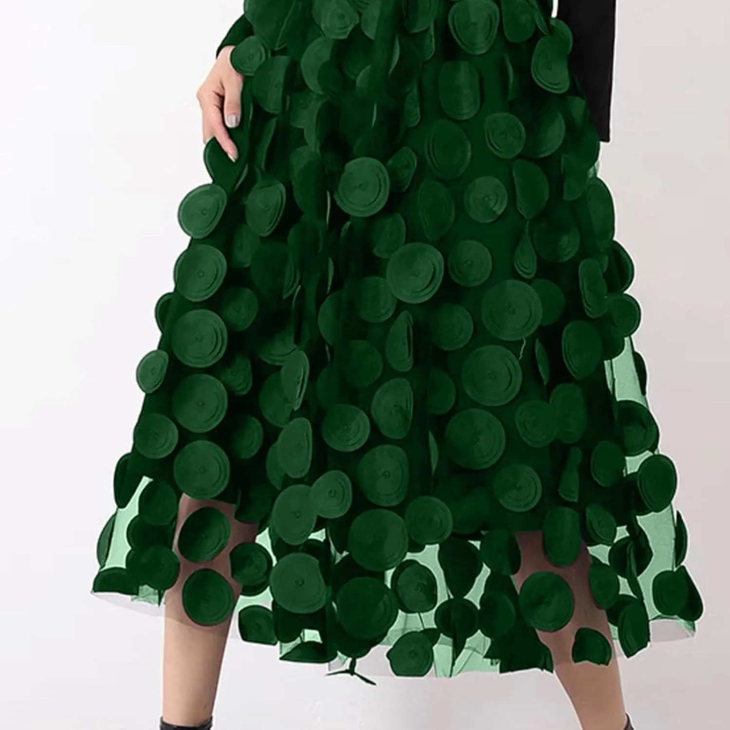 Women Tulle Midi Skirt High Elastic Waist 3D Polka Dot Mesh Skirt A-Line Layered Bubble Skirt Graduation Dress