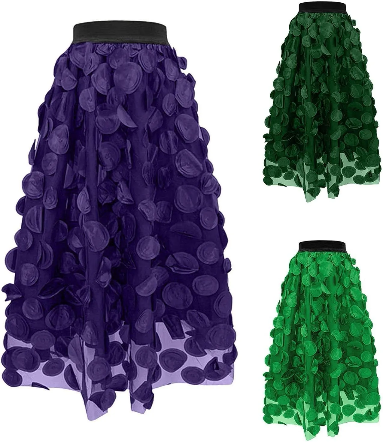 Women Tulle Midi Skirt High Elastic Waist 3D Polka Dot Mesh Skirt A-Line Layered Bubble Skirt Graduation Dress