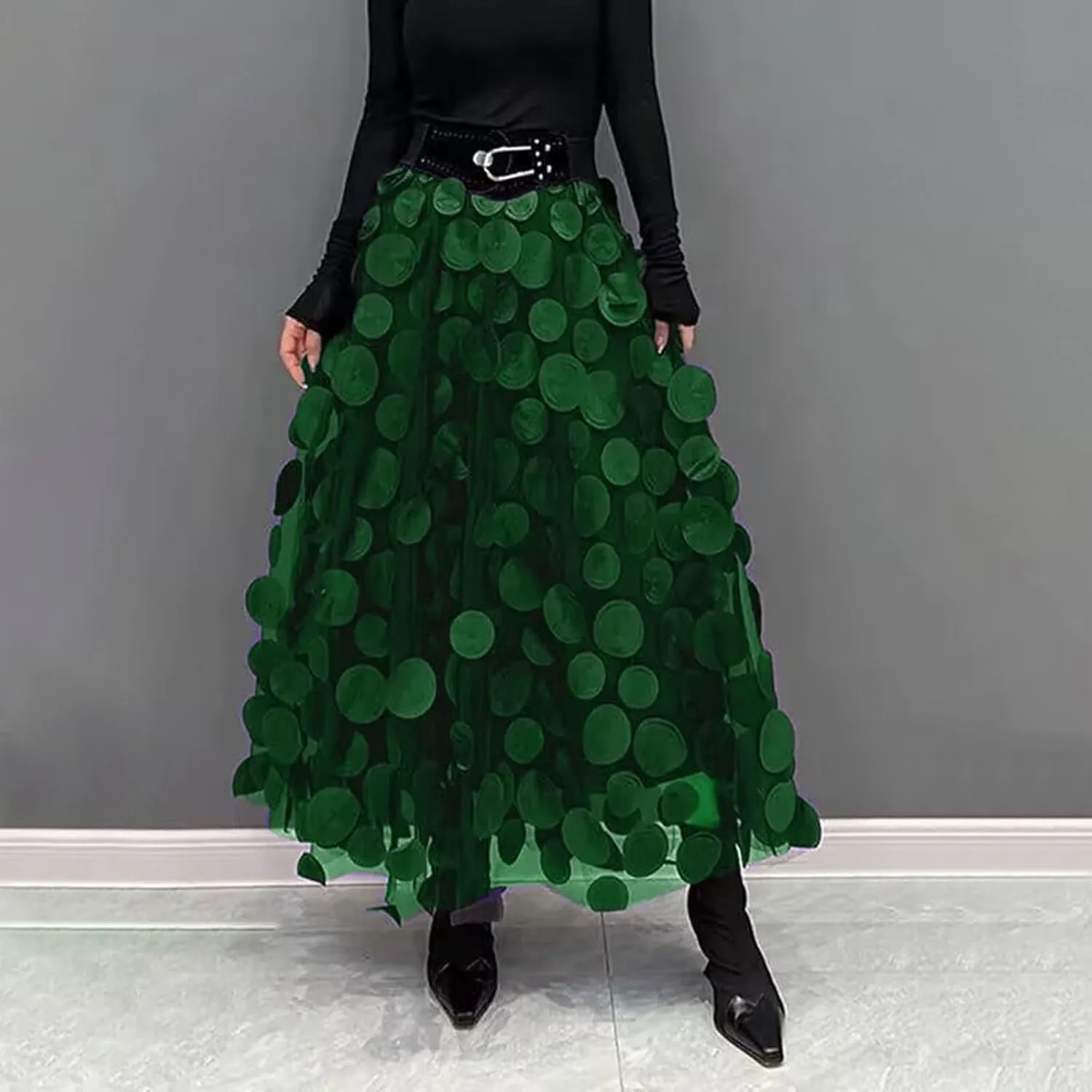 Women Tulle Midi Skirt High Elastic Waist 3D Polka Dot Mesh Skirt A-Line Layered Bubble Skirt Graduation Dress