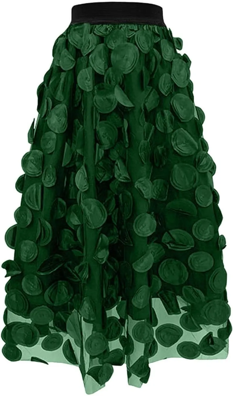 Women Tulle Midi Skirt High Elastic Waist 3D Polka Dot Mesh Skirt A-Line Layered Bubble Skirt Graduation Dress