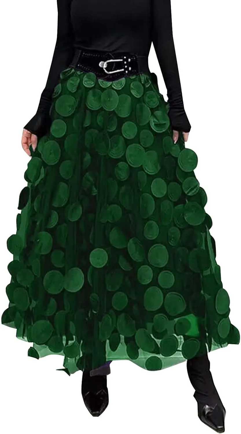 Women Tulle Midi Skirt High Elastic Waist 3D Polka Dot Mesh Skirt A-Line Layered Bubble Skirt Graduation Dress
