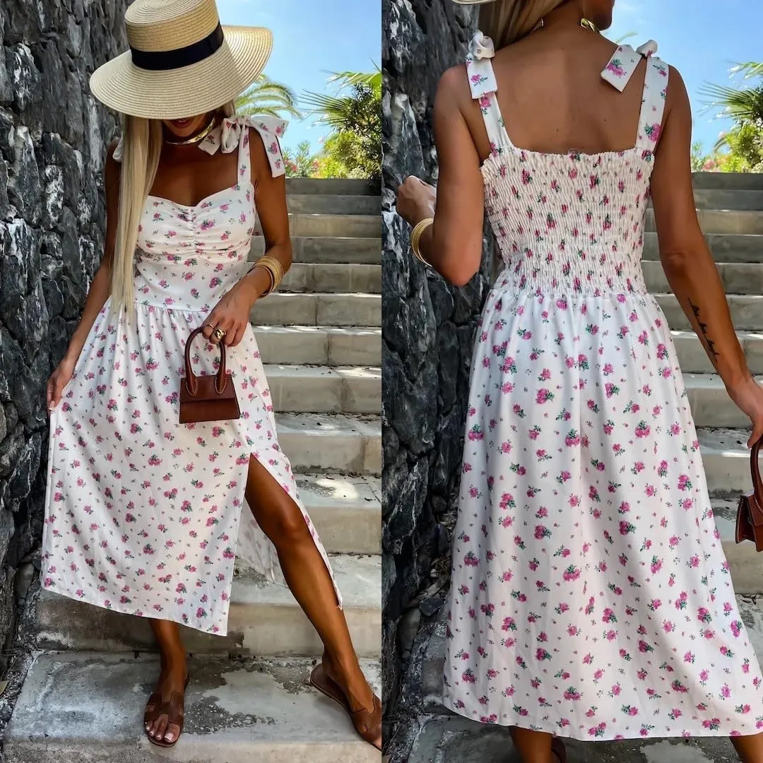 Women Y2k Maxi Dress Boho Tie Shoulder Backless Strappy Flowy Dresses 2025 Summer Floral Beach Sundress