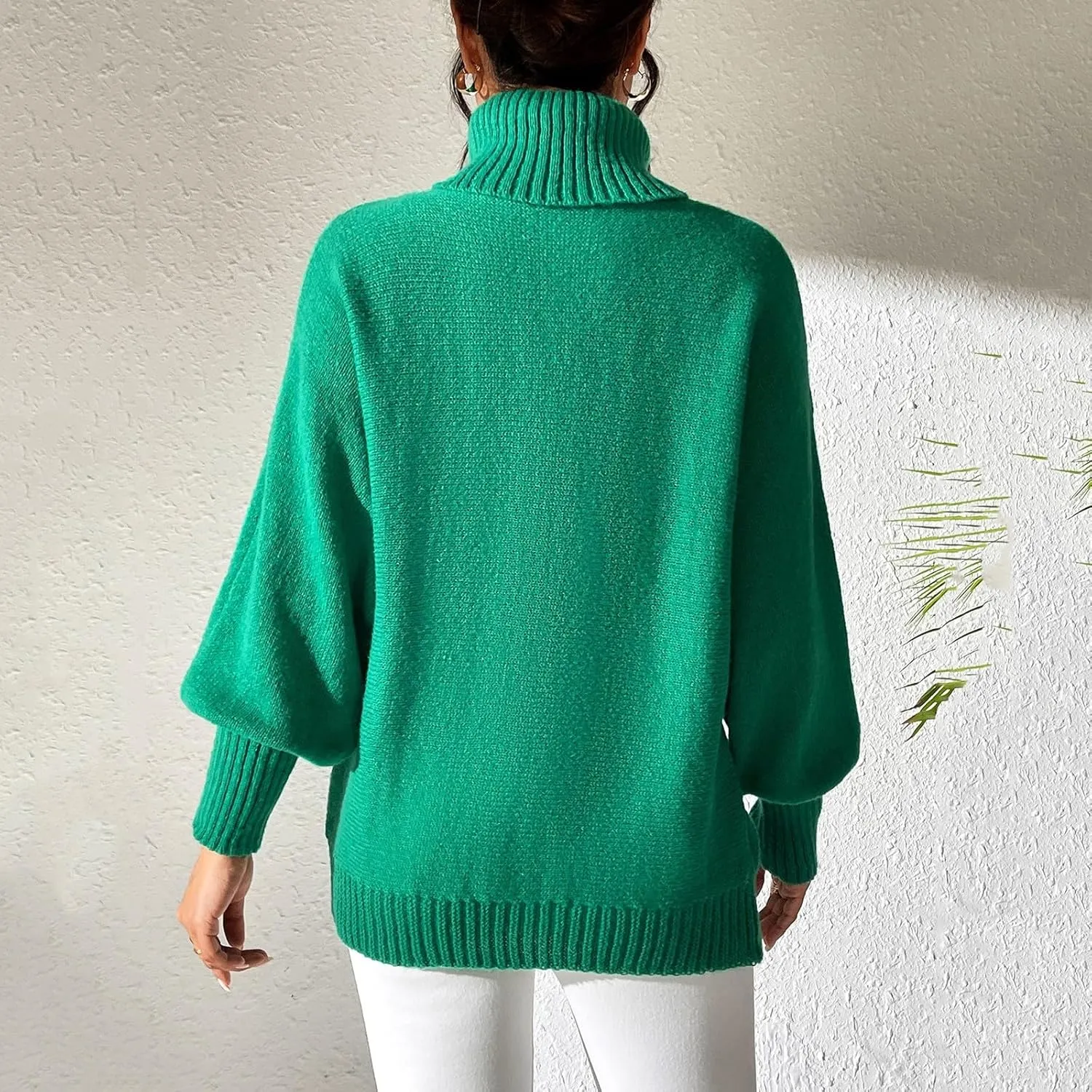 Women's 2024 Fall Turtleneck Batwing Long Sleeve Pullover Sweater Ribbed Knit Casual Soft Oversized Jumper Tops