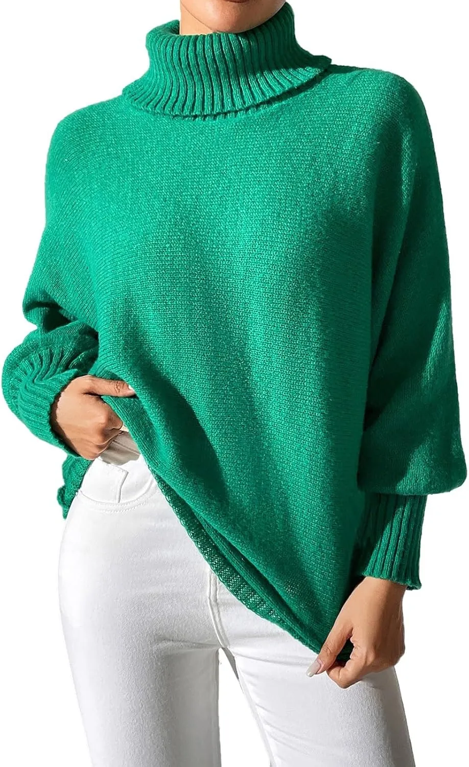 Women's 2024 Fall Turtleneck Batwing Long Sleeve Pullover Sweater Ribbed Knit Casual Soft Oversized Jumper Tops