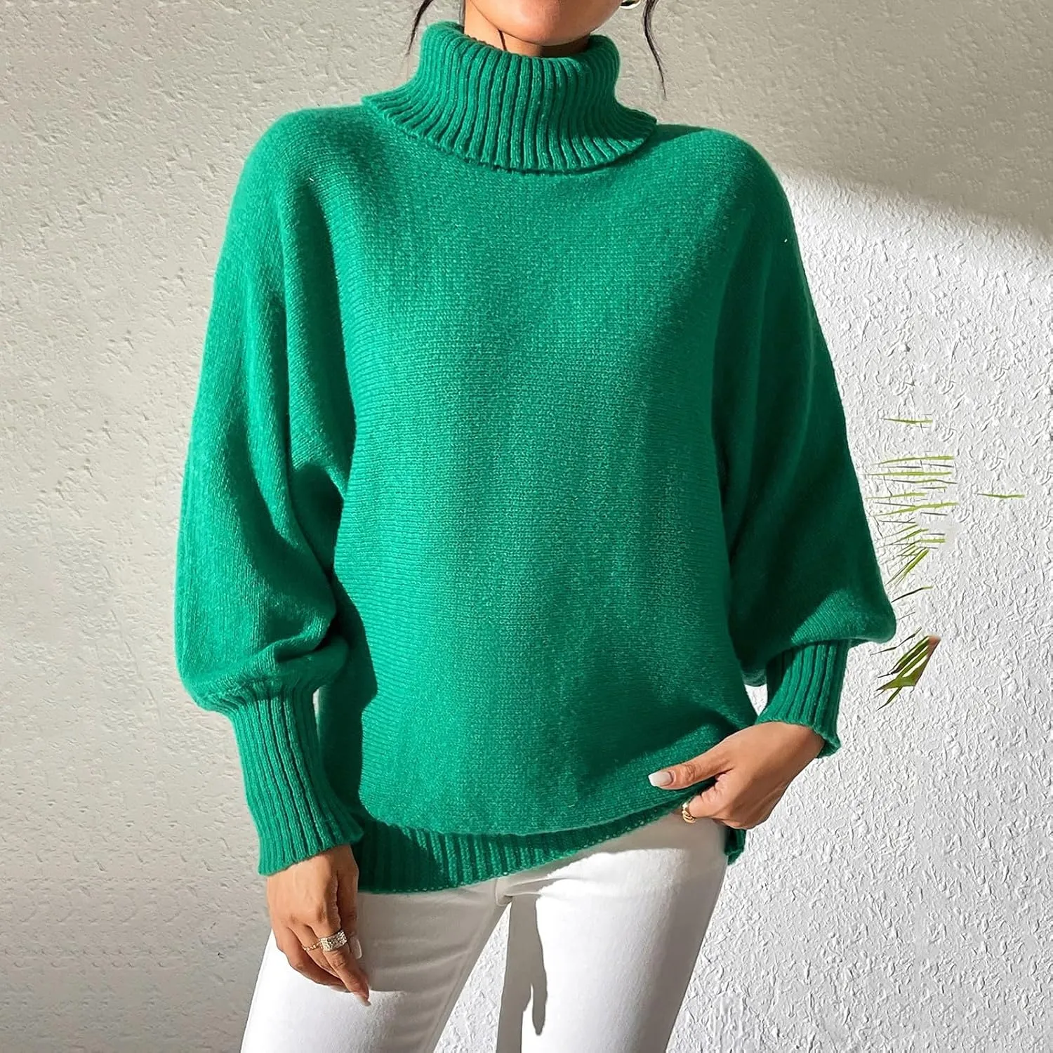 Women's 2024 Fall Turtleneck Batwing Long Sleeve Pullover Sweater Ribbed Knit Casual Soft Oversized Jumper Tops