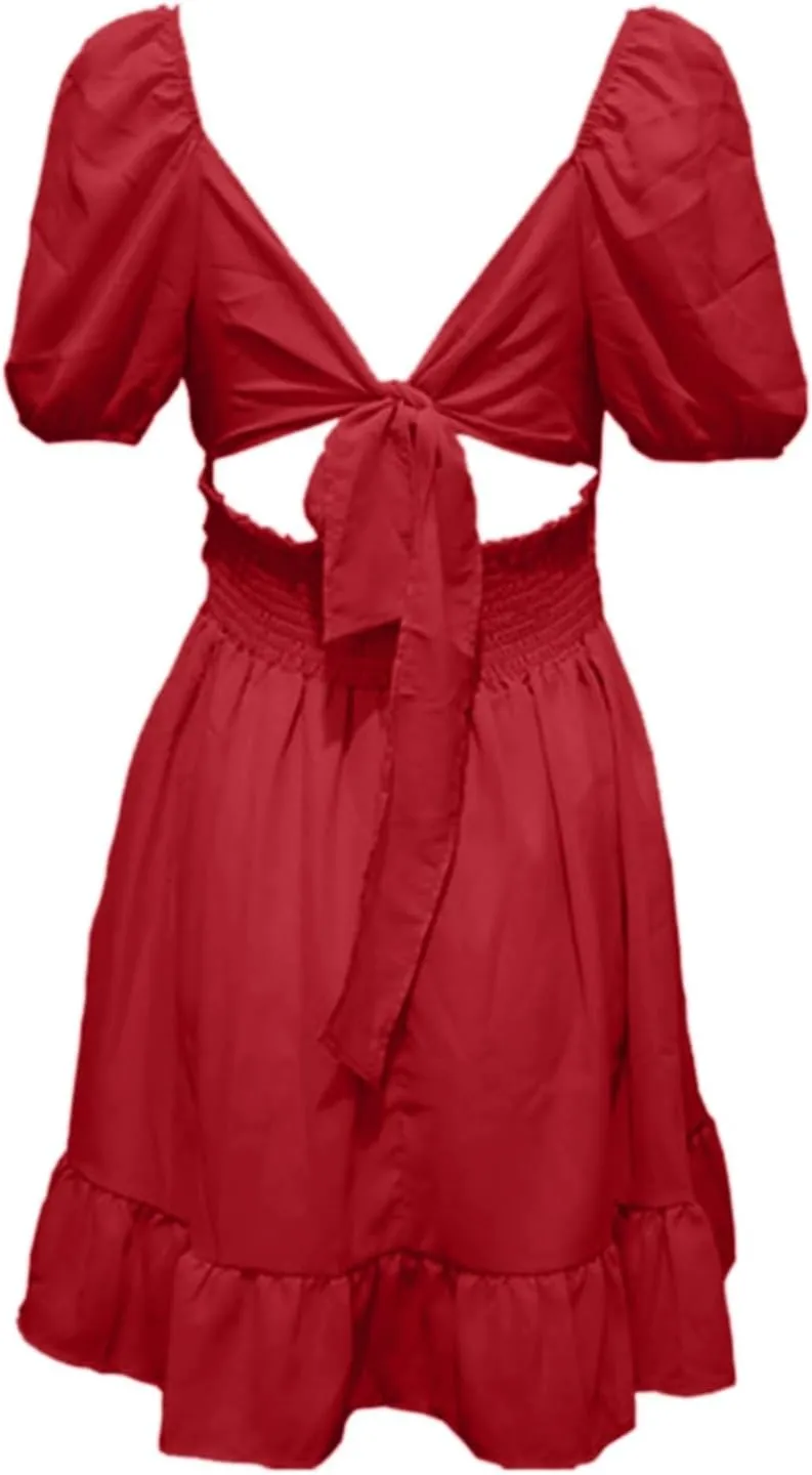 Women's 2025 Summer Dress Short Puff Sleeve Casual Short Mini Dresses Tie Back Square Neck A-Line Sundress