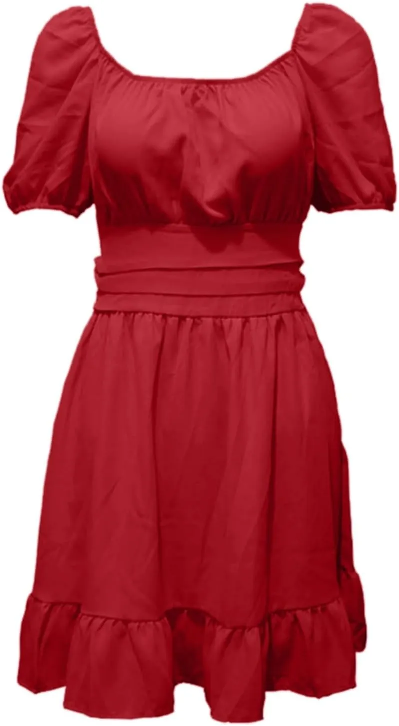 Women's 2025 Summer Dress Short Puff Sleeve Casual Short Mini Dresses Tie Back Square Neck A-Line Sundress
