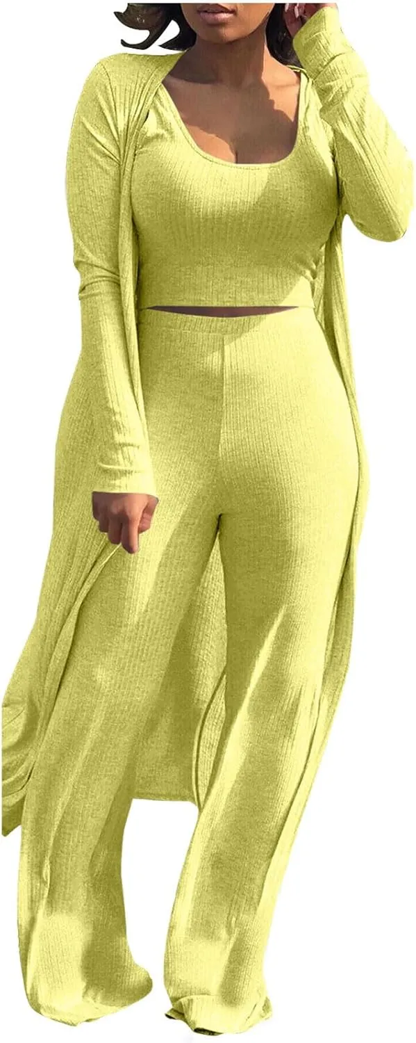 Women's 3 Piece Knit Lounge Set Pajama Long Sleeve Cardigan Sleeveless Top High Waist Pants Sweatsuit Loungewear
