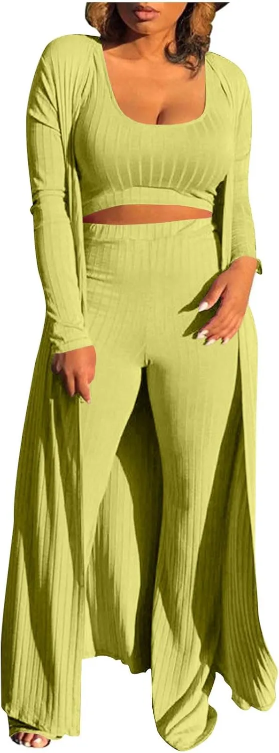 Women's 3 Piece Knit Lounge Set Pajama Long Sleeve Cardigan Sleeveless Top High Waist Pants Sweatsuit Loungewear