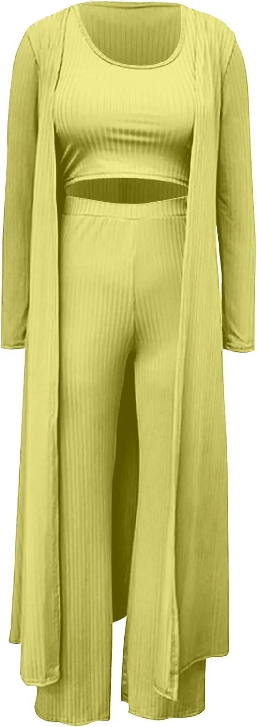 Women's 3 Piece Knit Lounge Set Pajama Long Sleeve Cardigan Sleeveless Top High Waist Pants Sweatsuit Loungewear
