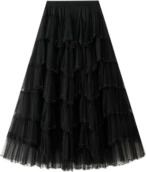 Women's A Line Tulle Party Dinner Tutu Skirt Brown Stretchy High Waisted Flared Skirt Girls Dark Skirt