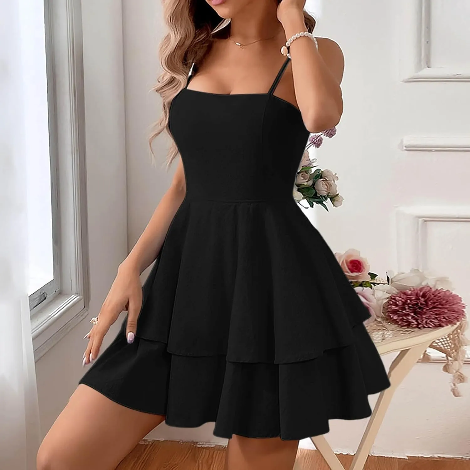 Women's Backless Bow Tie Short Dress Summer Models Sexy Spaghetti Strap Dresses Tiered Graduation Mini Dresses