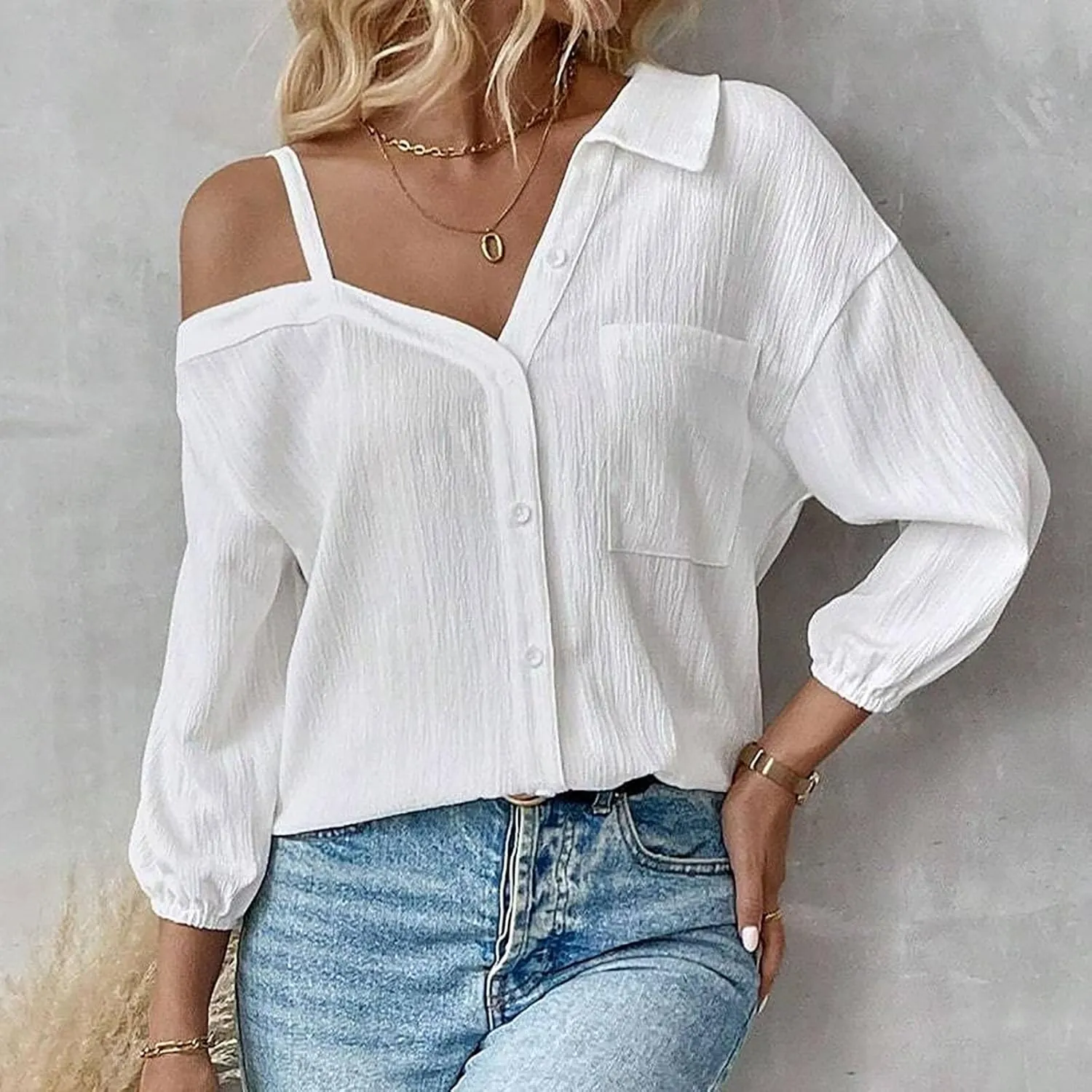 Women's Button Down Shirts Casual Summer Cold Shoulder Blouse Collared 3/4 Sleeve Oversized Tunic Tops with Pockets