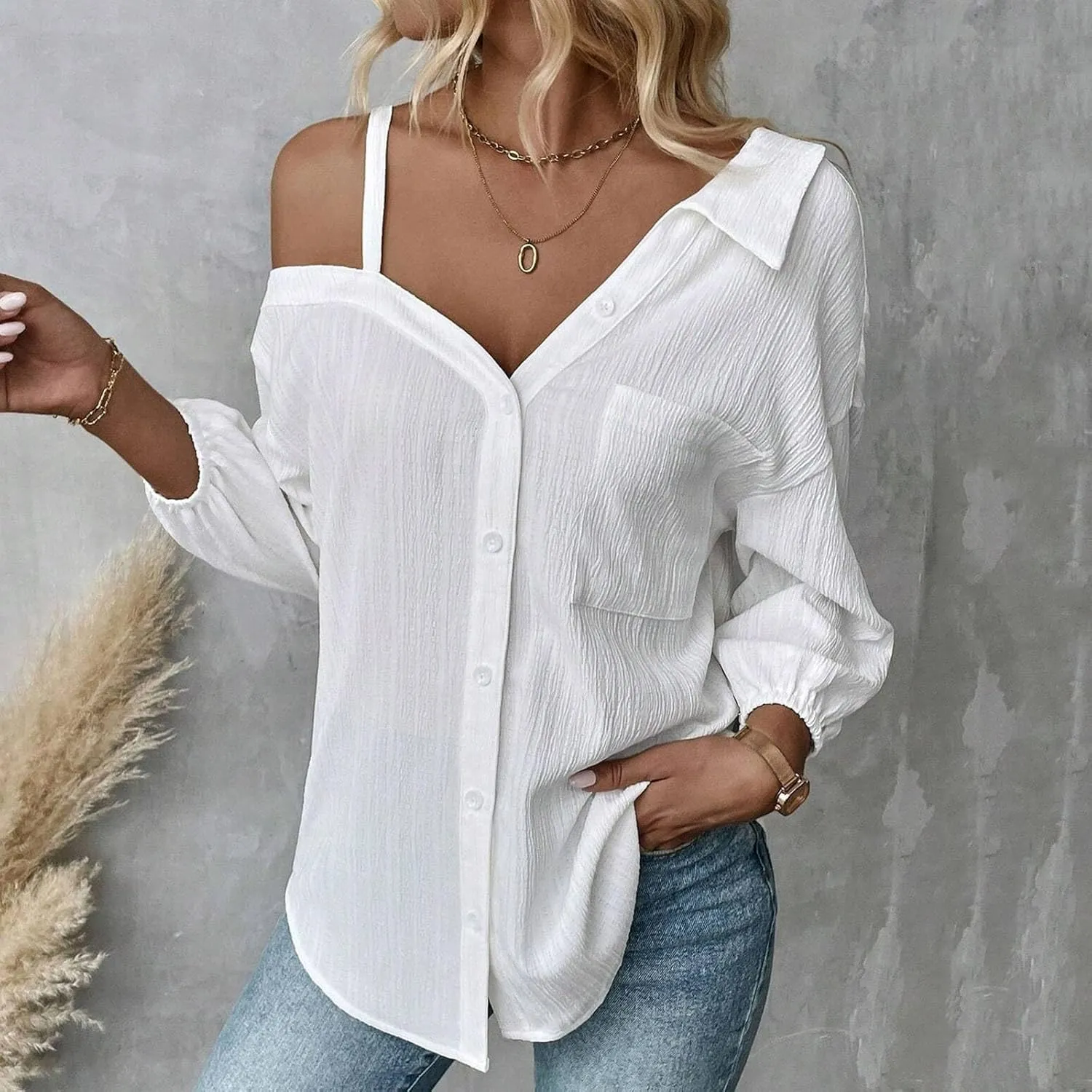 Women's Button Down Shirts Casual Summer Cold Shoulder Blouse Collared 3/4 Sleeve Oversized Tunic Tops with Pockets