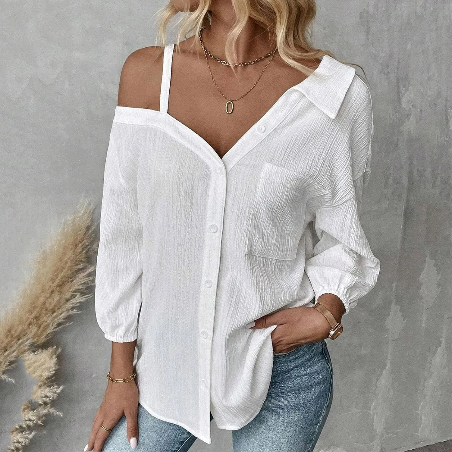 Women's Button Down Shirts Casual Summer Cold Shoulder Blouse Collared 3/4 Sleeve Oversized Tunic Tops with Pockets