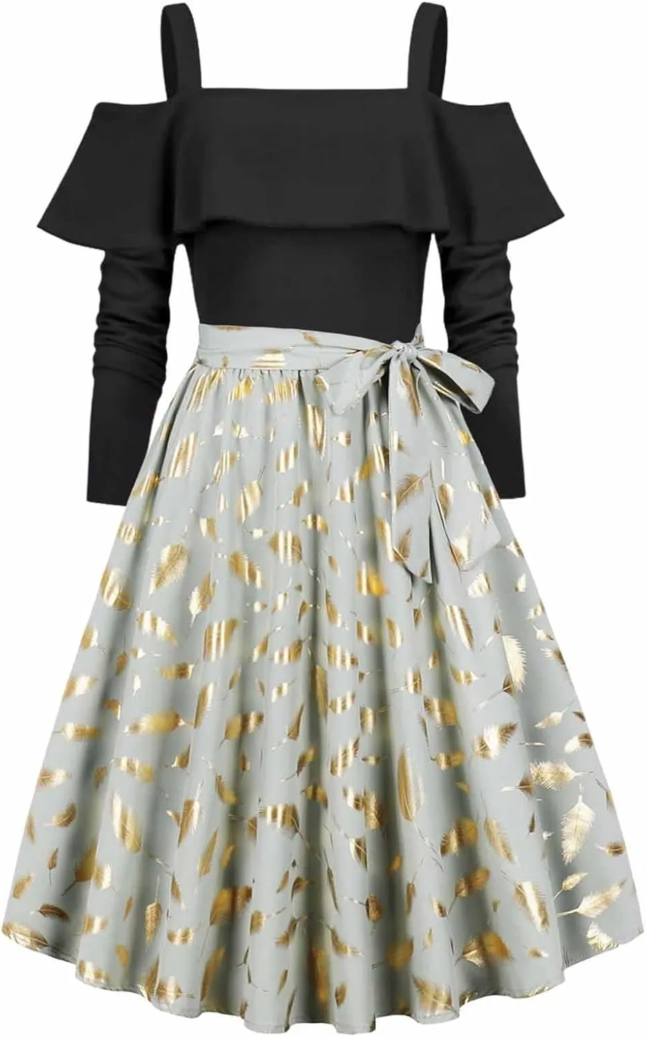 Women's Casual Dresses Womens Long Sleeve Dress A-Line Off Shoulder Pleated A-Line Flowy Tie Waist Mini Dress