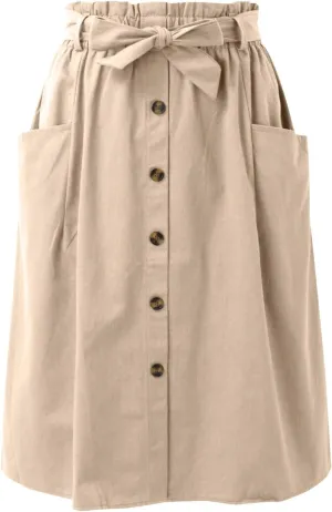 Women's Casual High Waist Pleated A Line Midi Skirt with Pocket Stretchy Skirts for Women