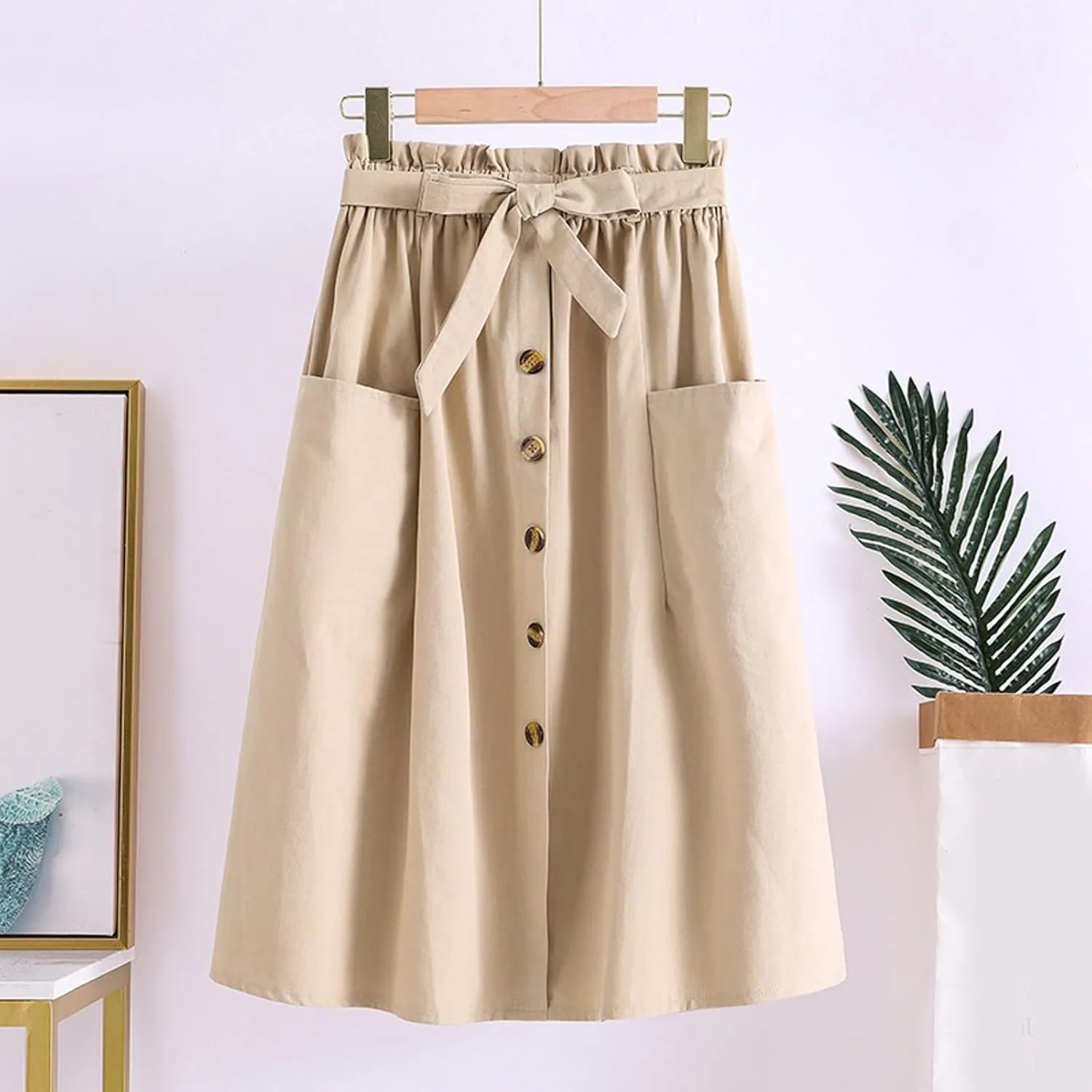 Women's Casual High Waist Pleated A Line Midi Skirt with Pocket Stretchy Skirts for Women